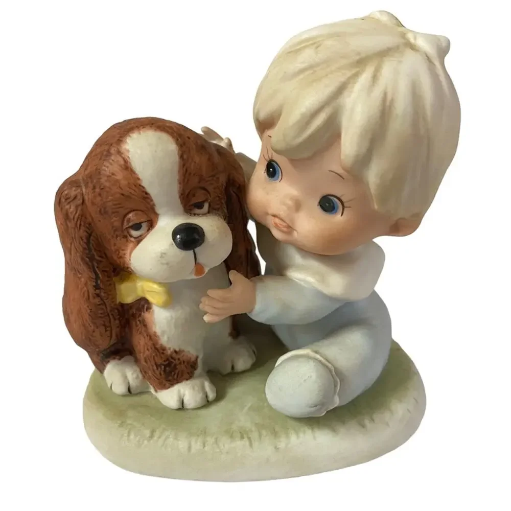 Vintage Homco Baby Figurines Girl with Bear Boy with Puppy Dog #1424 Set of 2